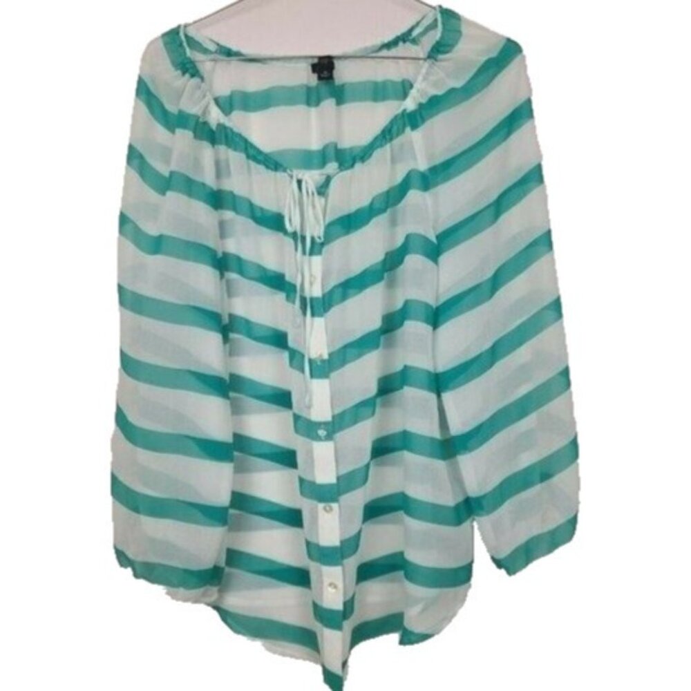 Ann Taylor Womens BOHO Blouse Top Medium Green Sheer Striped 3/4 Sleeve